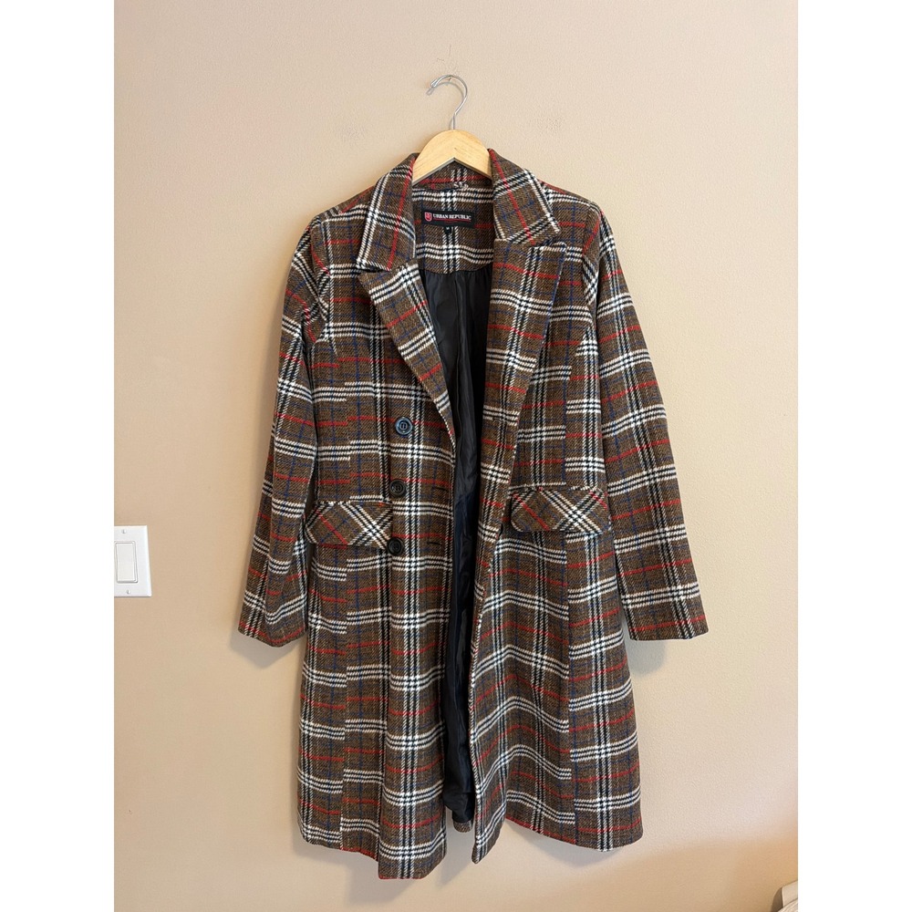 Urban Republic Brown Plaid Double Breasted Longline Coat Womens Medium